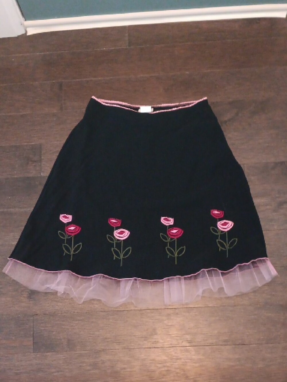 % HeartSoul black A-Line Skirt with Pink Rose Embroidery and Faux Crinoline
